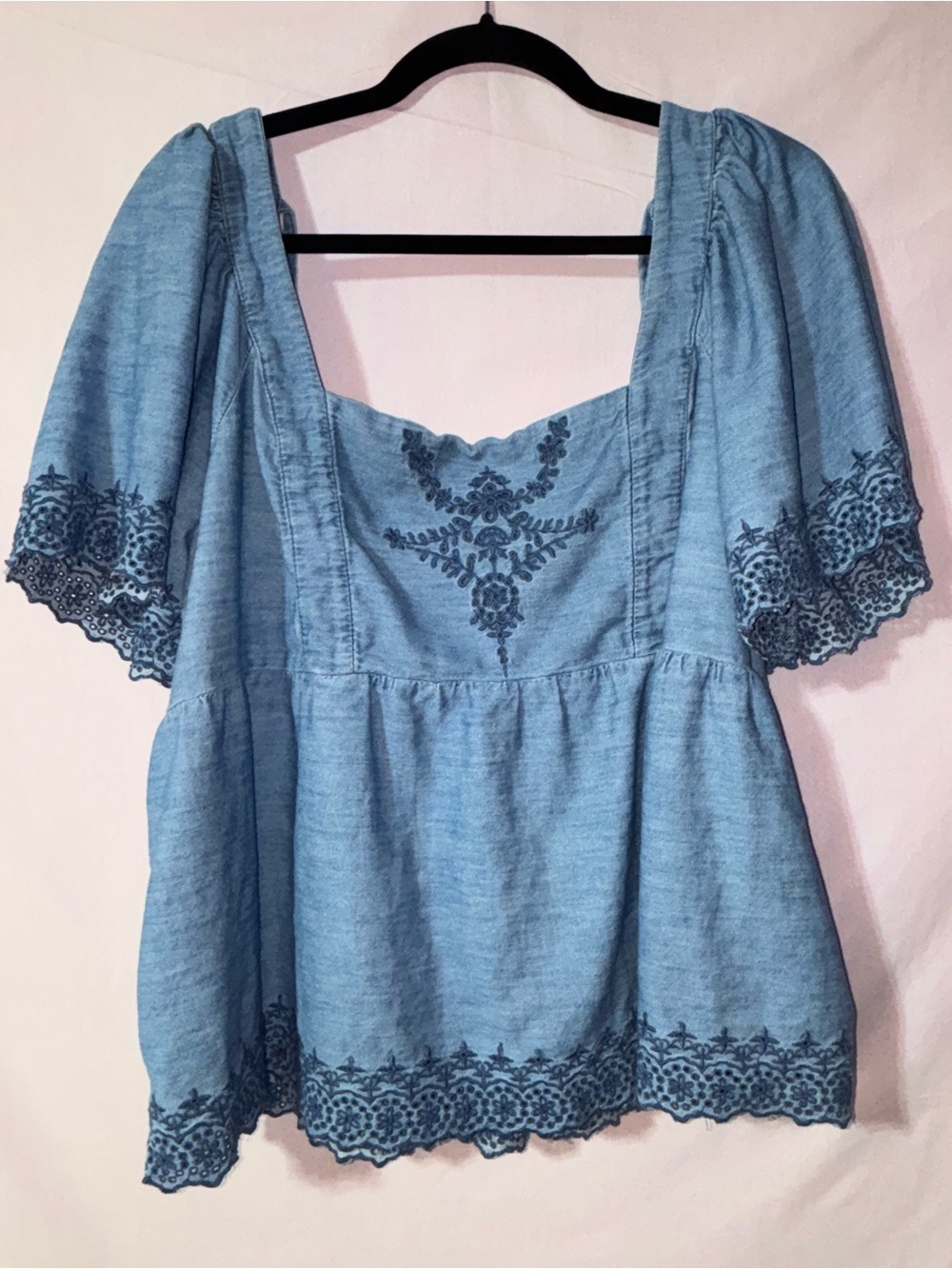 Old Navy Light Blue Embroidered Peasant Blouse